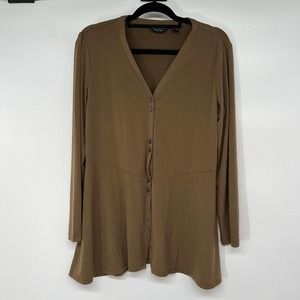 Susan Graver Every Day Top Women's Size M Brown Liquid Knit Button Front Peplum